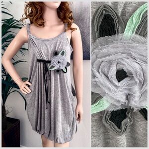 Blue Tassel Heathered Gray Jersey Knit Tunic Dress with Floral Appliqué